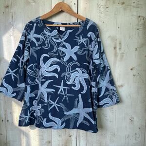 Icantoo Women's Tunic Navy Blouse Size S Starfish Coastal Beach Top